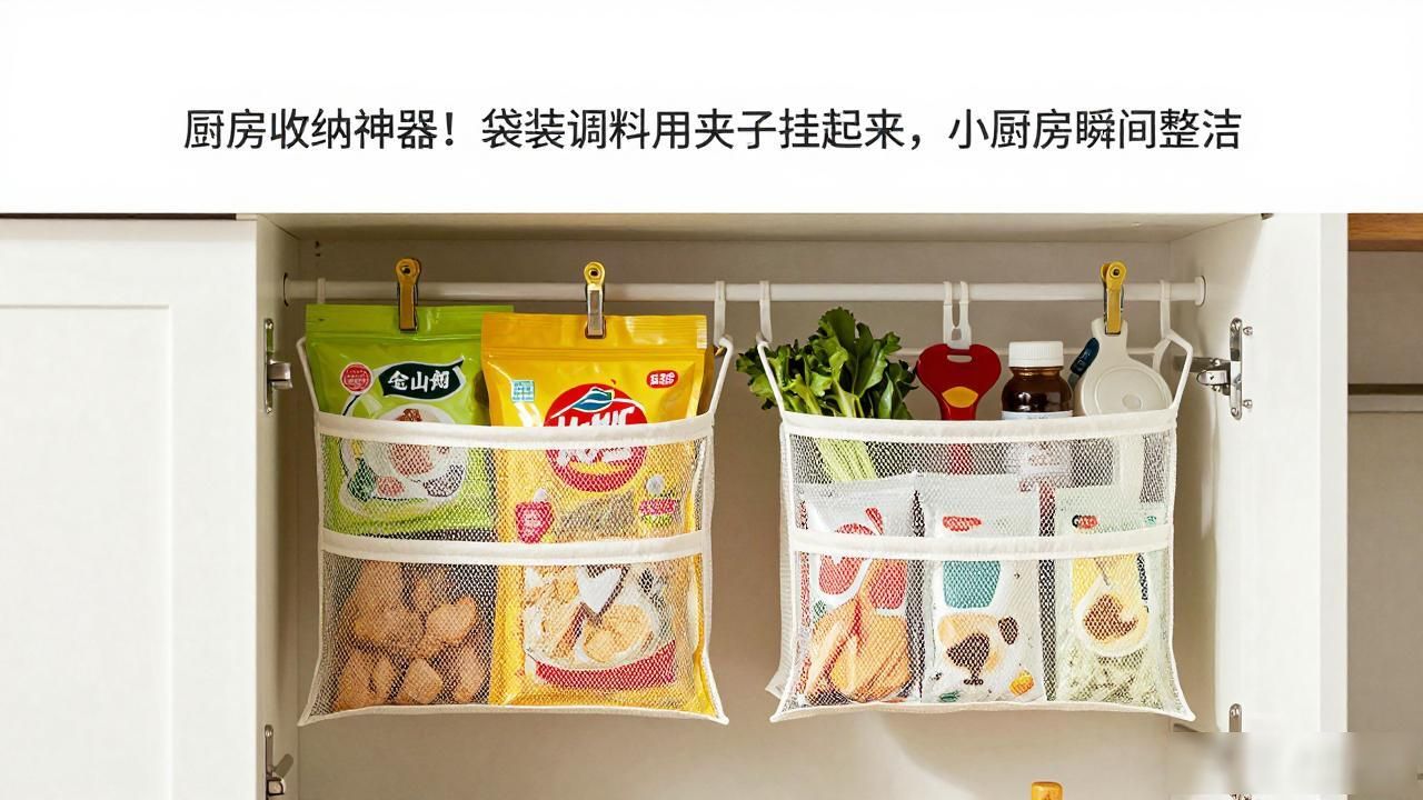 厨房收纳神器！袋装调料用夹子挂起来，小厨房瞬间整洁(图1)