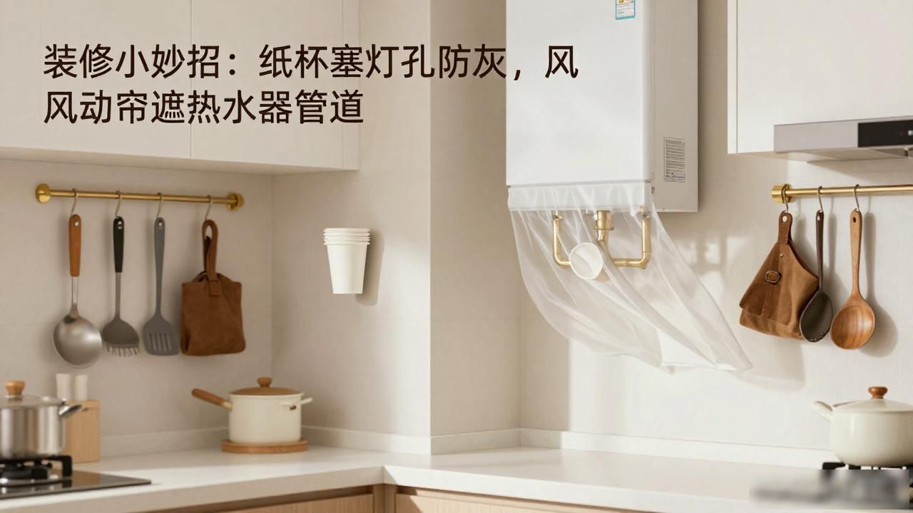 装修小妙招：纸杯塞灯孔防灰，风动帘遮热水器管道(图1)