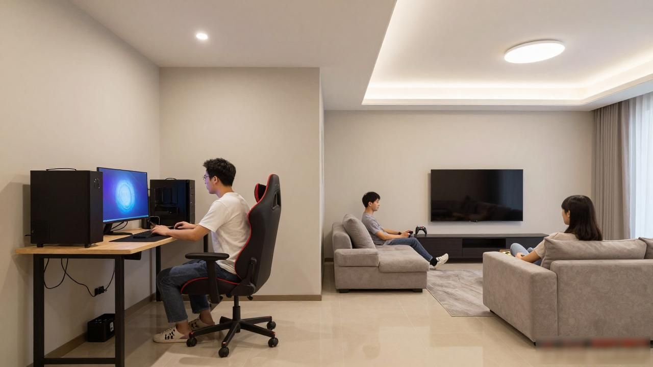 夫妻双人电竞房装修,12㎡书房沙发电视超实用(图1)